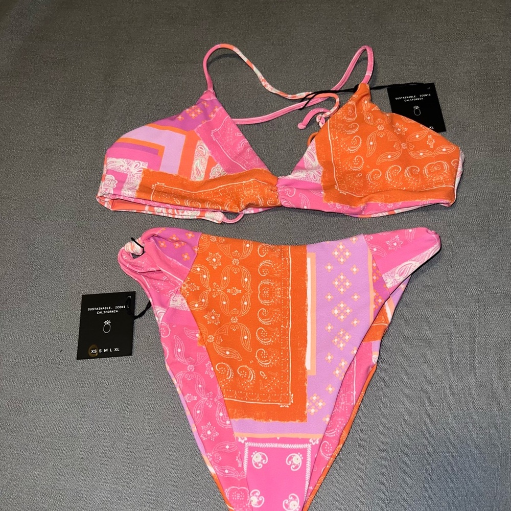 Skatie Pink and Orange Bandana-Print Bikini Set